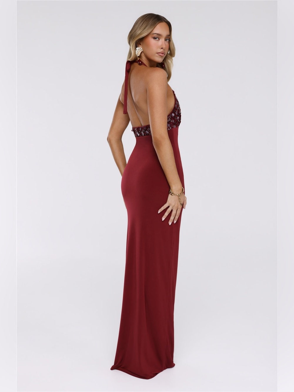 HELLO MOLLY Shimmering Luxe Halter Sequin Bodice Maxi Dress in Wine size XS NEW - Picture 2 of 6